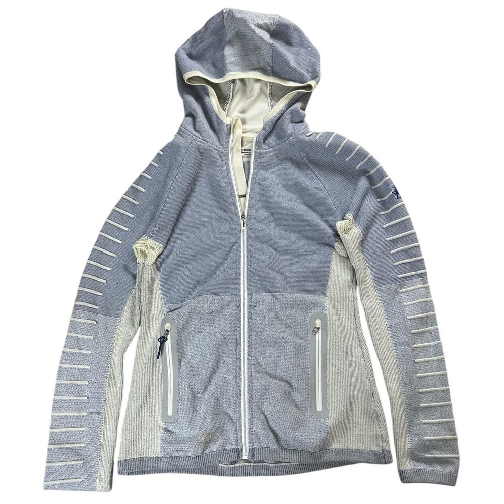 SmartWool Sweater Womens S Blue Full Zip Hooded Waffle-Knit Wool Blend